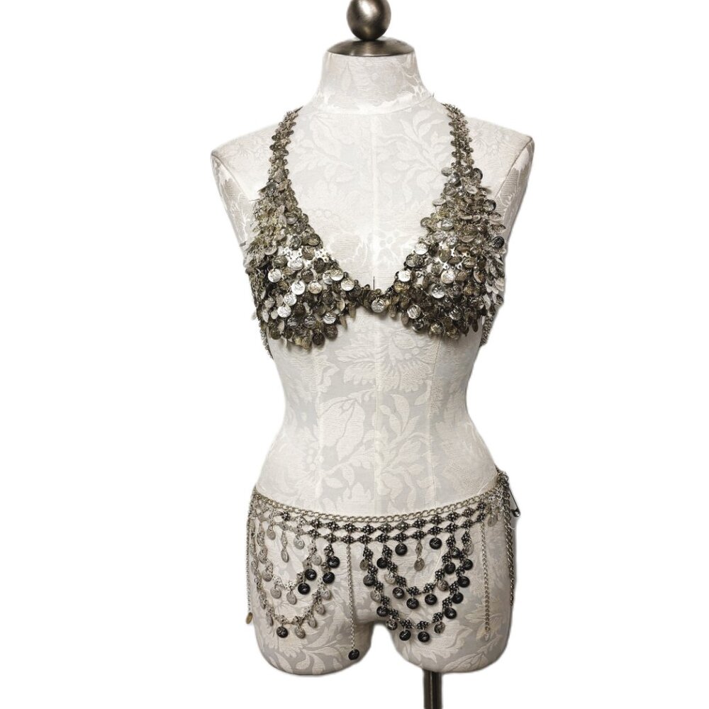 Belly Dance Silver Metal Coin Boho Bra & Belt Set  Y2K NWOT NOS
